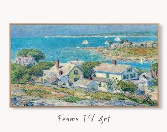 Samsung Frame TV Art 4K Seaside Town Impressionist Vintage Painting, Nautical Art. Instant Download Art for Frame TV. Colorful Art for TV