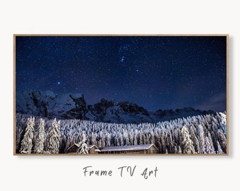 Samsung Frame TV Art 4K Winter Cabin. Snowy Mountains at Night. Landscape Digital Painting. Instant Download Winter Art for Samsung Frame TV