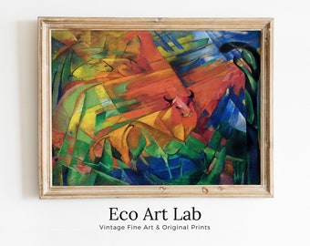 Animals in a Landscape Vintage Painting. Surreal Abstract Geometric Art Print. Instant Download Antique Oil Painting. Famous Printable Art