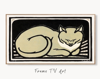Samsung Frame TV Art 4K A Sleeping Cat Vintage Art Nouveau Painting. Instant Download Cat Art for the Samsung Frame TV. Art for TV