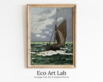 Claude Monet Seascape Famous Painting. Monet Print Nautical Wall Decor, Boat Art. Vintage Ocean Landscape Painting Sailboat Print