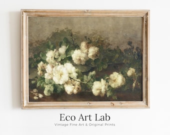 Vintage White Roses Flowers Still Life Painting. Neutral Colors Romantic Vintage Decor. Antique Oil Painting Vintage Flower Print. Printable