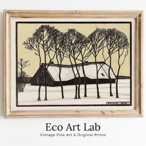 Impresión de arte de pared vintage Art Nouveau de Granja en la nieve. Impresión retro de descarga instantánea, arte de pared imprimible de Julie De Graag. Póster Art Nouveau