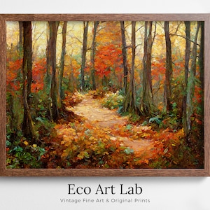 秋の風景画の密林の小道。印刷可能な壁アート。自宅やオフィスの装飾。自然プリントのデジタル秋アート。すぐにダウンロードできます。