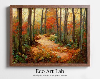 Dense Forest Trail in Fall Landscape Painting. Printable Wall Art. Home or Office Decor. Nature Print Digital Autumn Art. Instant Download