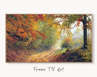Sunlight Through Autumn Forest Landscape Painting, Samsung Frame TV Art Painting, Instant Download Nature Art, Colorful Art for Frame TV