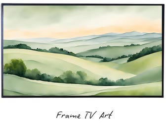 Sage Green Art For Frame TV. Hills Landscape Watercolor Decor. Minimalist Home Rustic Aesthetic.