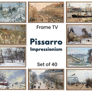 Puede incluir: Un conjunto de 40 impresiones artísticas enmarcadas que presentan pinturas impresionistas de Pissarro. Las imágenes muestran paisajes invernales y escenas urbanas. Las obras de arte presentan árboles cubiertos de nieve, edificios y calles, capturando la luz y la atmósfera.
