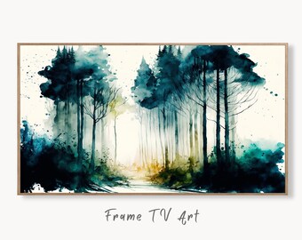 Samsung Frame TV Art 4K Green Forest Landscape Watercolor Digital Painting. Instant Download Forest Art for Samsung Frame TV. Art for TV