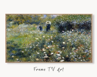 Samsung Frame TV Art 4K Woman with Parasol in Garden by Auguste Renoir. Famous Antique Oil Painting. Landscape Vintage Art for Frame TV