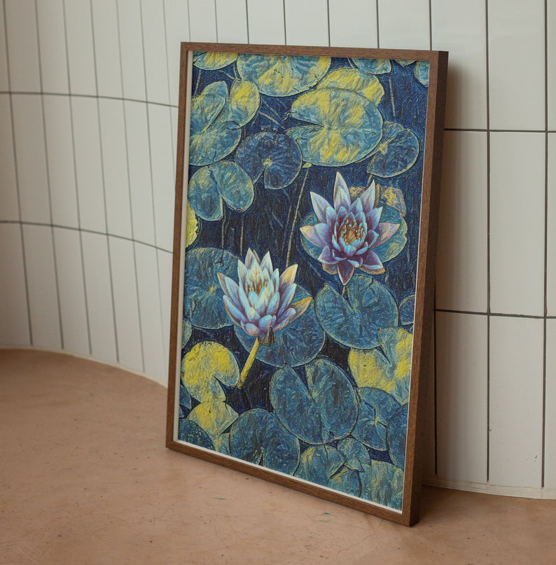 May include: A framed print of a watercolor painting featuring two water lilies with blue and purple petals against a background of blue and yellow water lily pads.