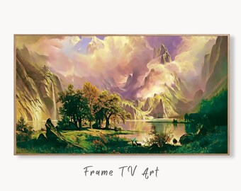 Rocky Mountains Landscape Painting w/ Deer, Frame TV Art, Digital Download, Digital Art for TV, Colorful Wall Art, Artwork for The Frame TV