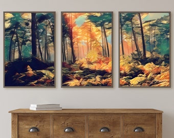Sunlight Through Forest 3 Piece Wall Art. Abstract Landscape Painting Set of 3 Prints. Nature Print Digital Art. Instant Download