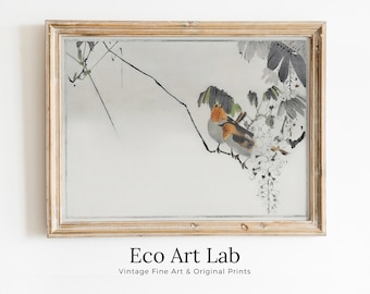 Sparrows Perched On a Branch Vintage Japanese Painting. Japanese Wall Art Printable Poster. 19th Century Japanese Vintage Wall Art, Bird Art
