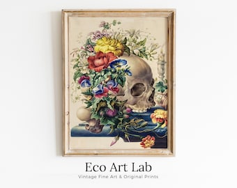 Skull Painting Printable Wall Art, Vintage Skull With Colorful Flowers, Floral Skull Print, Digital Download, Skull Wall Decor Poster