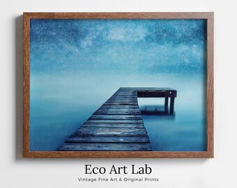Wooden Pier at Starry Night Printable Wall Art. Wooden Pier Print. Pier on Lake Print Starry Night Sky Lake Landscape Wall Decor, Wood Jetty