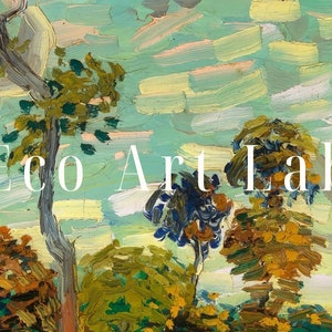 May include: A painting of a landscape with trees and a sky in shades of blue, green, and yellow. The text "Eco Art Lab" is superimposed on the image.