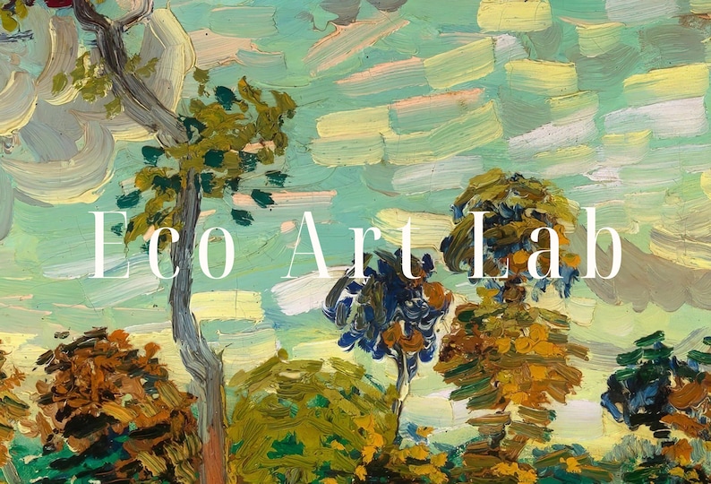 May include: A painting of a landscape with trees and a sky in shades of blue, green, and yellow. The text "Eco Art Lab" is superimposed on the image.