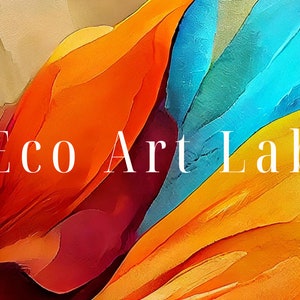May include: Abstract art featuring a colorful, layered design of orange, yellow, blue, and purple hues. The text "Eco Art Lab" is displayed in white against the colorful background.