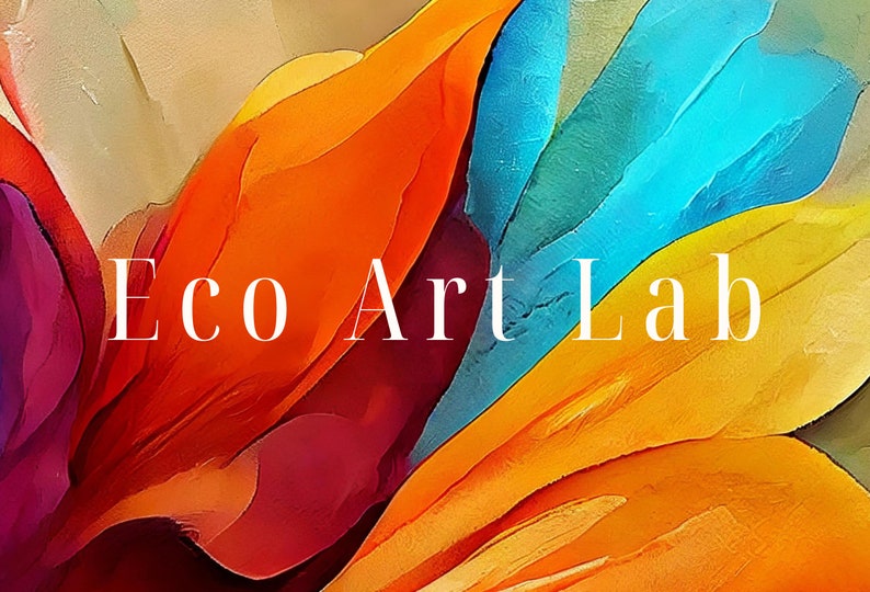May include: Abstract art featuring a colorful, layered design of orange, yellow, blue, and purple hues. The text "Eco Art Lab" is displayed in white against the colorful background.