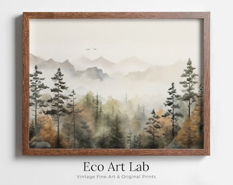 Watercolor Forest Landscape Printable. Fall Printable Wall Art. Digital Art. Autumn Forest Trees Painting Print. Nature Decor. Forest Art