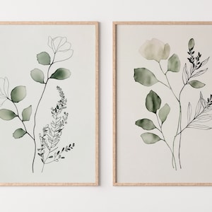 Minimal Boho Floral Prints. Botanical Prints Set of 2. Watercolor Sage Green Gallery Wall Art. Floral Printable Art Wild Flower Bouquet Art