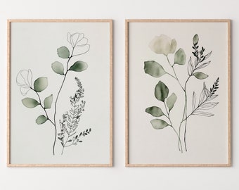 Minimal Boho Floral Prints. Botanical Prints Set of 2. Watercolor Sage Green Gallery Wall Art. Floral Printable Art Wild Flower Bouquet Art