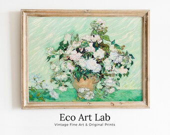 Famous van Gogh Roses Painting Art Print. Instant Download Printable van Gogh Fine Art. Vintage Still Life White Roses Painting.
