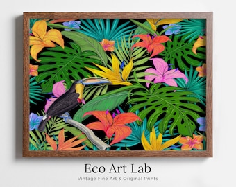 Toucan Wall Art Print, Wildlife Nature Botanical Illustration. Bright Colorful Decor. Tropical Bird Picture. Printable Digital Download