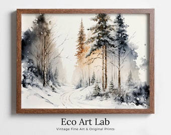 Winter Forest Trail Watercolor Landscape Printable Art. Green Forest Trees Painting Print. Printable Wall Art. Digital Forest Nature Decor