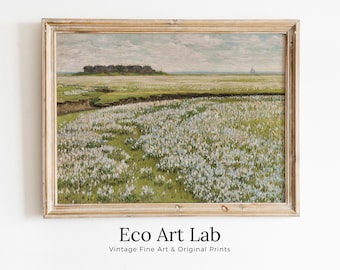 Spring Meadow Landscape Painting. Vintage Landscape Print. Farmhouse Decor. Country Field PRINTABLE. Antique Rustic Field Print.