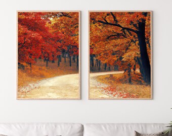 Forest Trail in the Fall 2 Piece Wall Art | Landscape Painting | Nature Print | Set of 2 Prints | Home or Office Decor | Instant Download