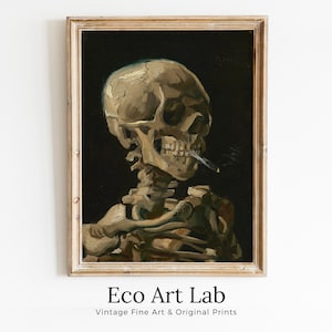 May include: A framed painting of a skeleton with a cigarette in its mouth. The painting is in a dark, muted color palette and features a realistic depiction of the skeleton. The painting is titled "Eco Art Lab" and features the text "Vintage Fine Art & Original Prints".