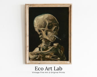 Skull Smoking Poster. Vintage Van Gogh Painting. Instant Download. Skeleton Halloween Printable Art. Famous Art Prints,  Grunge room decor