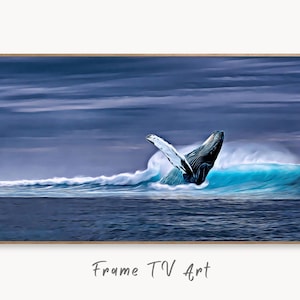 Samsung Frame TV Art 4K bultrugkunst digitaal schilderij. Instant Download kunst springen walvis oceaan. Digitale walviskunst voor tv-lijst