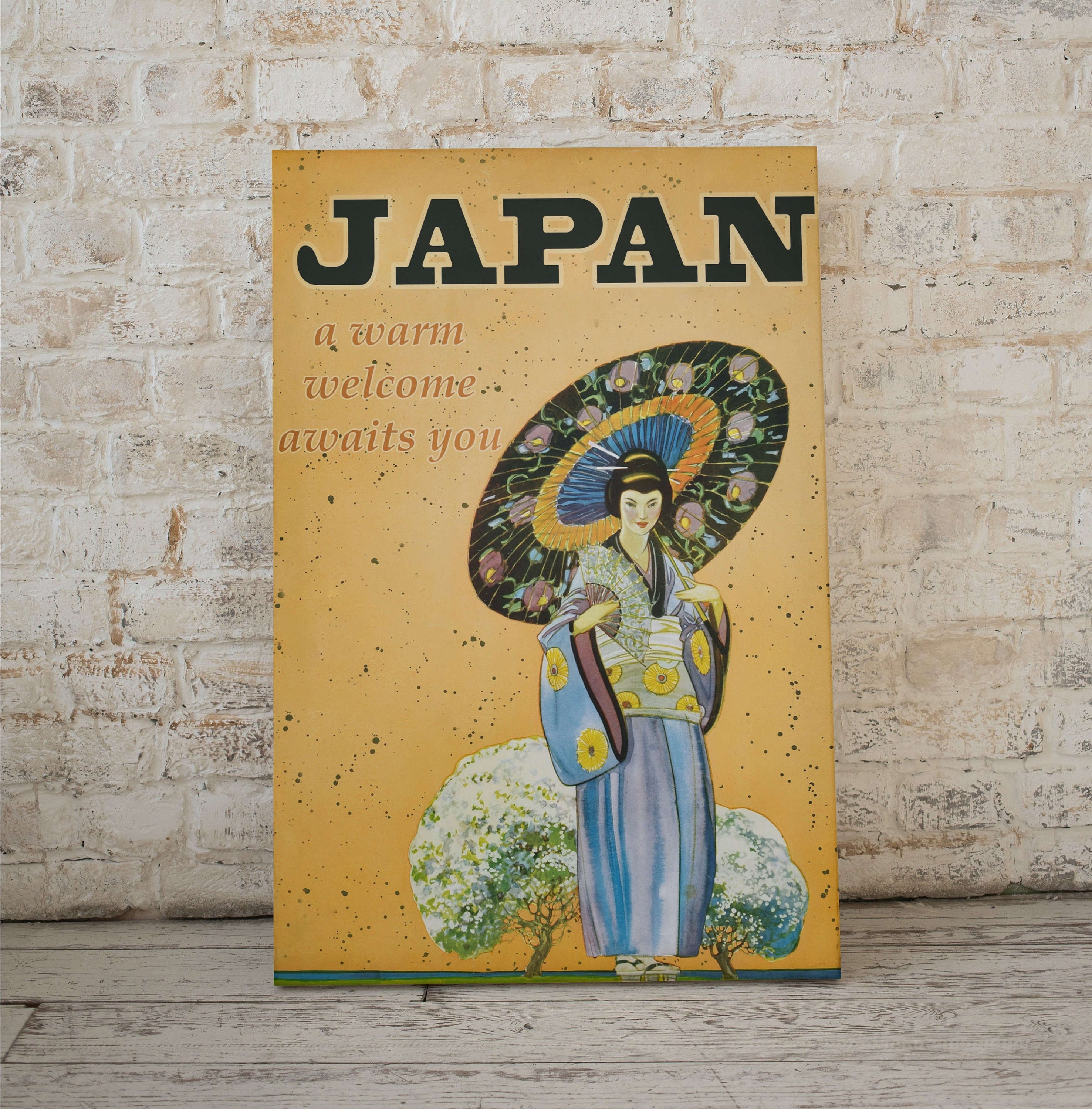 Affiche de voyage rétro au Japon avec une belle fille Geisha en