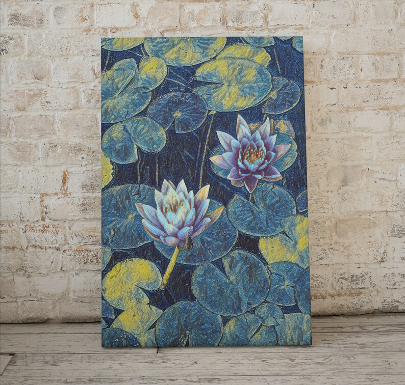 May include: A painting of blue and purple water lilies with green leaves on a dark blue background.