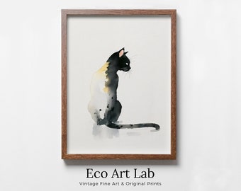 Cat Watercolor Painting. Minimalist Cat Artwork. PRINTABLE. Black Cat Art. Instant Download Digital Print. Cat Lover Wall Art. Cat Poster.