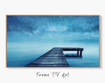 Samsung Frame TV Art 4K Wooden Pier with Starry Night Digital Painting. Lake Landscape Wall Decor. Instant Download Art for the Frame TV.