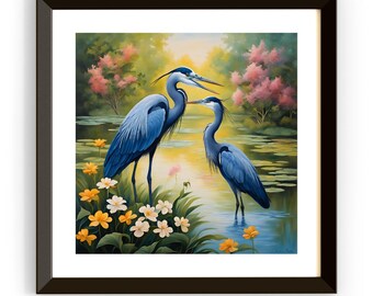 Blue Herons Vintage Art Illustration | Printable Nature Wall Decor | Unique Square Format Wildlife Digital Download