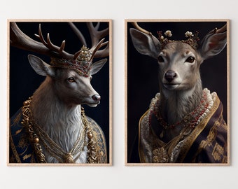 King & Queen Deer Set of 2 Prints. Digital Painting Printable Wall Art. Couple Deer Poster. 2 Piece Wall Art. Contemporary Animal Art