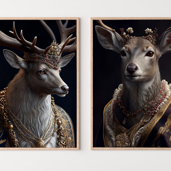 King & Queen Deer Set mit 2 Drucken. Digitale Malerei druckbare Kunst. Paar Hirsch Poster. 2-teilige Wandkunst. Zeitgenössische Tierkunst