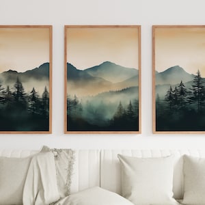 Mountain Prints Set of 3. Nature Prints Set. Watercolor Green Mountain. Abstract Landscape. Modern Minimal Wall Decor. Pine Forest wall Art