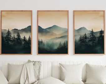 Lot de 3 gravures sur la montagne. Ensemble de gravures sur la nature. Aquarelle de montagne verte. Paysage abstrait. Décoration murale minimaliste moderne. Art mural forêt de pins