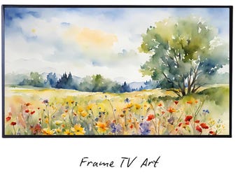 Countryside Frame TV Art. Colorful Spring Nature Decor. Scenic Floral Landscape Watercolor