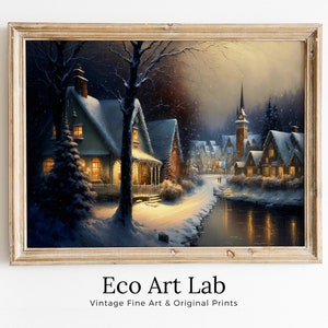 Vintage Style Winter Village. PRINTABLE Christmas Winter Art. Winter Landscape Print. Country Snow Wall Decor. Christmas Painting Home Decor