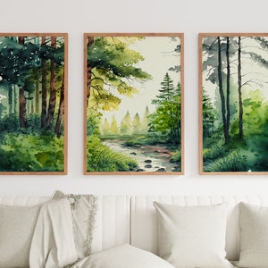 Set of 3 Prints. Watercolor Forest Landscape Prints. 3 Piece Wall Art ...