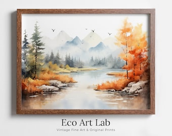 Colorful Forest Landscape. Printable Nature Art. River Forest & Mountain Fall Watercolor Painting. Mountain Forest Art. Printable Wall Art