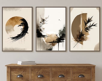 Modern Neutral Abstract Printable Wall Art Set of 3. Black & Beige Wabi Sabi Abstract Prints, Minimalist Zen Gallery Wall, Japandi Wall Art