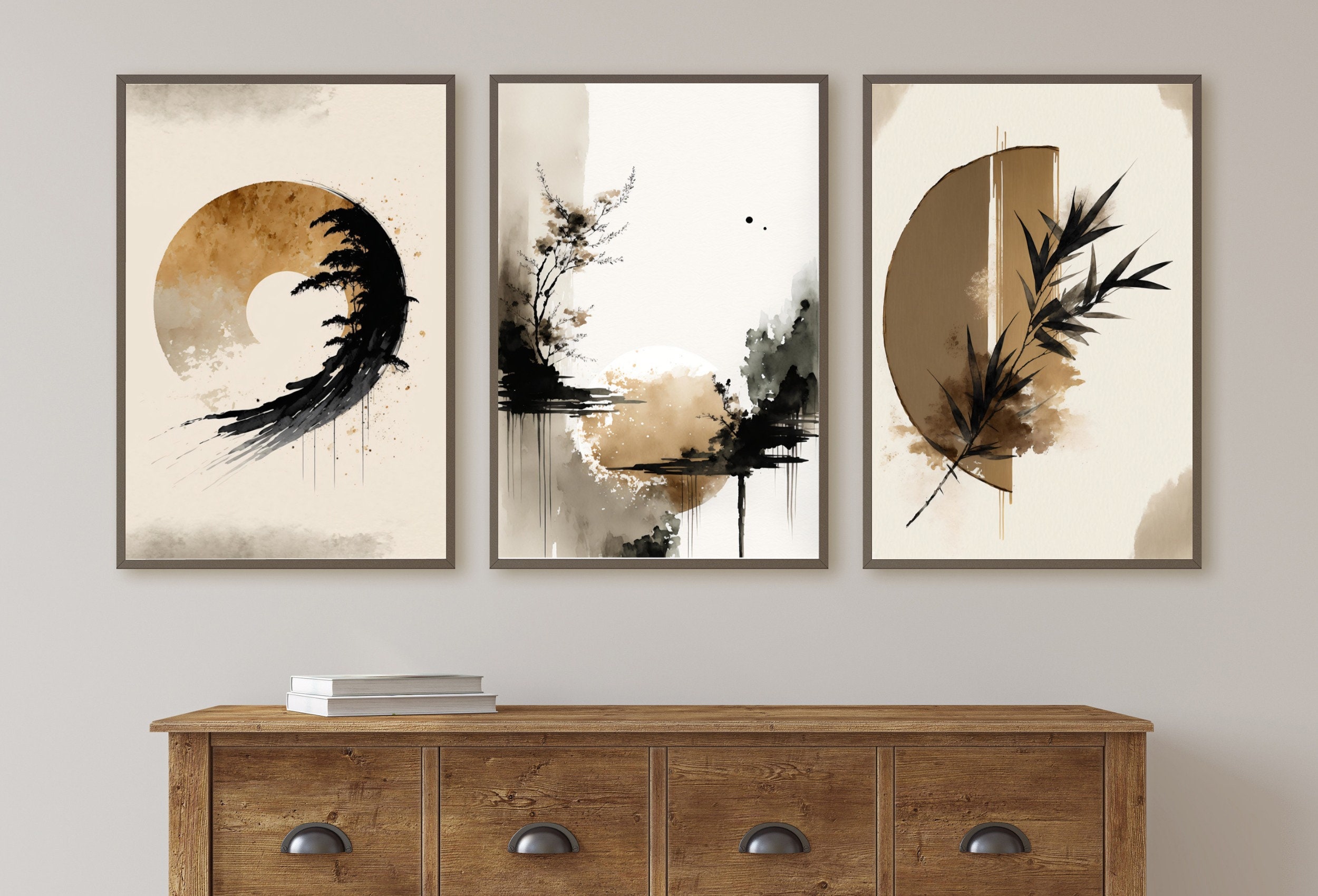Modern Neutral Abstract Printable Wall Art Set of 3. Black